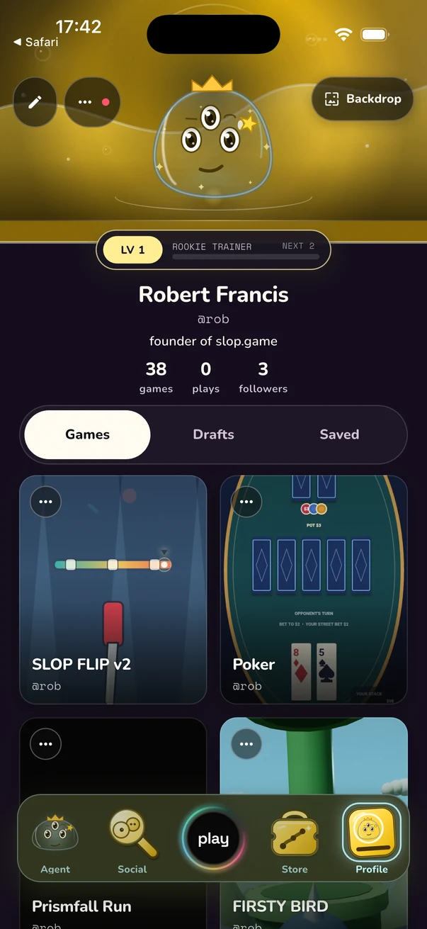 Creator profile and games in Slop